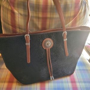 Bandana By American West Boho Southwestern Large Tote Bag Purse Black Tan Vegan